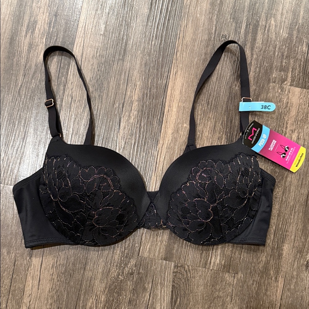 Maidenform Black Floral Lace Bra Push Up Plunging Neckline 38C NWT New Wonderbra